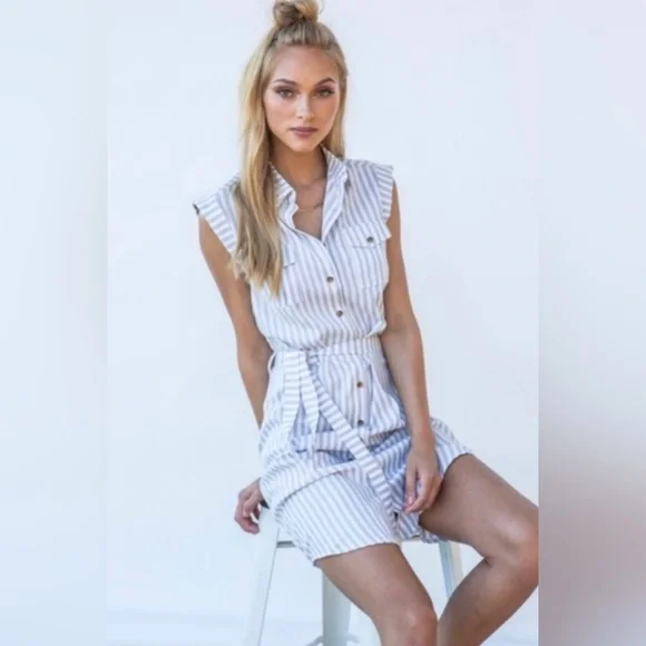 BISHOP + YOUNG striped button front dress light blue/white size medium - Picture 1 of 7
